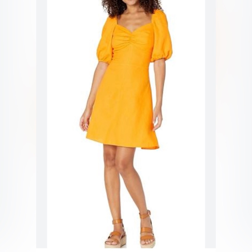The Drop Mustard Yellow Linen Dress Women’s Small Puff Sleeve A-Line NWT Cottage